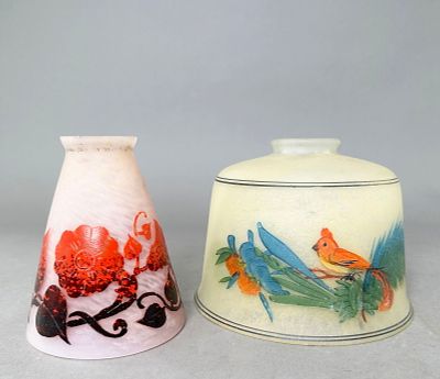 Two Decorative Glass Shades. Pair of art glass lamp shades. One shade features a bird design 