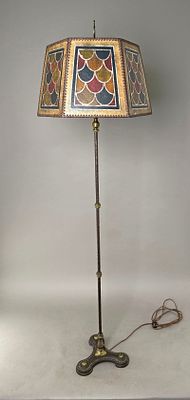 Wrought Iron Floor Lamp & Mica Shade. Wrought iron floor lamp with multicolor mica shade 