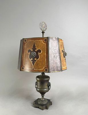 Brass Table Lamp with Mica Shade. Brass table lamp base with lion knockers. Marked MSLC 2689 