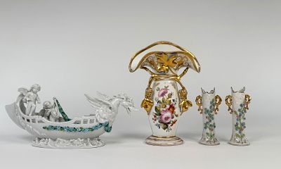 German & French Porcelain Group. Including a Dresden porcelain cherub gondola, a Paris porcelain 