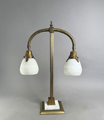 Art Deco Double Arm Table Lamp. Brass double arm table lamp in Art Deco style with ornate 