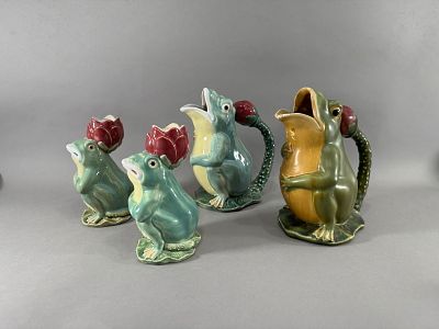 Ceramic Frog Group. Including two pitchers and two candlesticks 
Height : 9 1/4" Condition: 