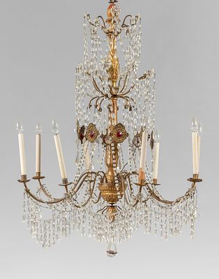 OGGETTISTICA - Lampadario Luigi XVI a otto luci fusto in legno finemente intagliato e dorato ricca 