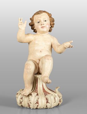 OGGETTISTICA - Ges&ugrave; Bambino scultura in legno finemente intagliato e laccato poggiante su base in 