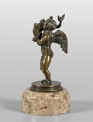 OGGETTISTICA - Putto con delfino scultura in bronzo a patina scura su base in marmo sec.XVII 