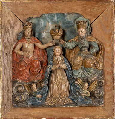 OGGETTISTICA - Maestro dell'Alto Reno sec. XVII L'incoronazione della Vergine pannello in legno 