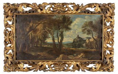 DIPINTO - Scuola veneta fine sec.XVII 'Paesaggio animato da figure' olio bella cornice coeva in 