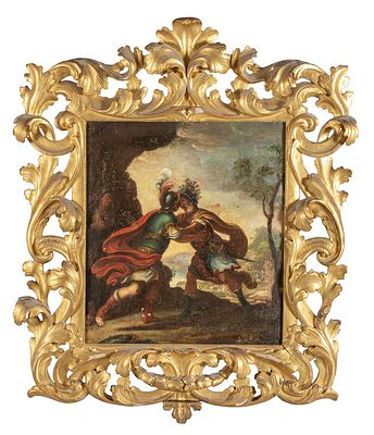 DIPINTO - Scuola italiana sec.XVII 'Incontro tra due soldati' olio cornice a volute cm. 72x80