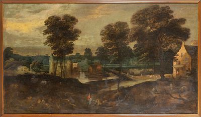 DIPINTO - Scuola fiamminga sec.XVII 'Paesaggio con castello e viandanti' olio cm. 200x115