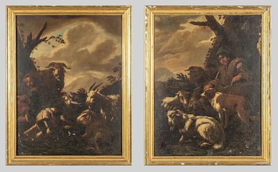 DIPINTO - Scuola romana sec.XVII 'Paesaggi con pastori e armenti' coppia di olii cm. 70x92
