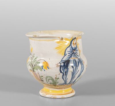 OGGETTISTICA - Brocchetta in ceramica decorata in policromia su fondo bianco con l'Apparizione 