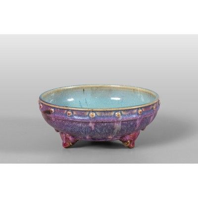 OGGETTISTICA - Ciotola a tre piedi in gres con smalti blu e viola Cina diam.cm.20xh.8