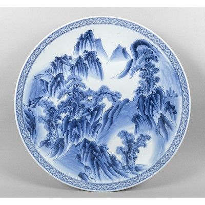 OGGETTISTICA - Grande piatto in porcellana decorazione bianca e blu con paesaggio montano Cina 