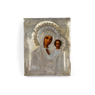 ARGENTI - Icona russa epoca XIX secolo raffigurante 'Madonna con Bambino' o di Kazan realizzata su 