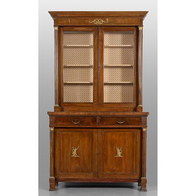 Vitrine de style Empire &agrave; deux corps partie inf&eacute;rieure &agrave; deux portes et deux tiroirs partie 