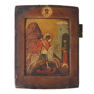 Icona su tavola rappresentante il miracolo di S. Giorgio e il drago cm 17.8x14.5 Piccoli difetti.