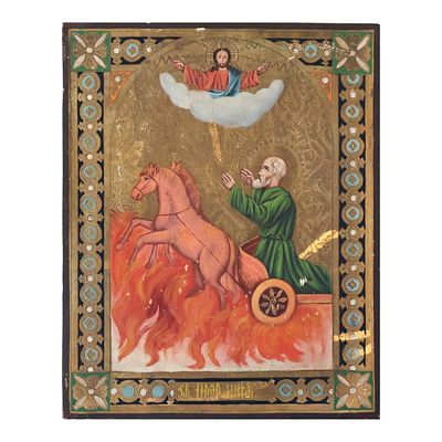 Icona da viaggio su tavola raffigurante l'Ascensione del profeta Elia al cielo su un carro di 