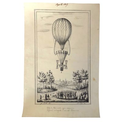 Litografia su carta raffigurante un volo del bolognese Francesco Orlandi, un pioniere del volo 