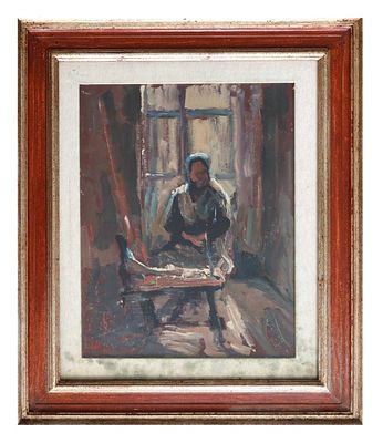 Giulio Mugnai, La filatrice - Giulio Mugnai, La filatrice 1979 olio su tavola cm 50x40, entro 