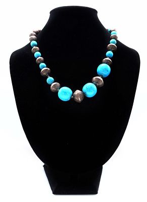 Collana sfere con paste di turchese e argento basso - Collana sfere con paste di turchese e 