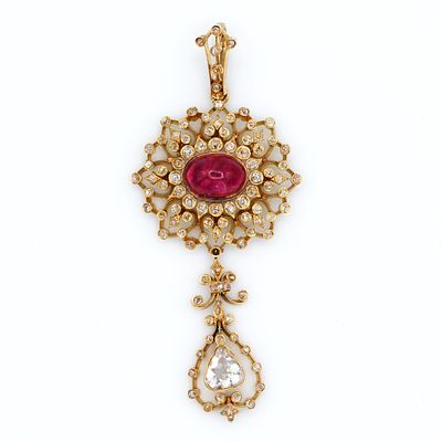 Pendente in oro con rubino e diamanti manifattura mediorientale - Pendente in oro con rubino e 