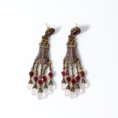 Coppia di orecchini chandelier in argento, rubini, diamanti, citrini e quarzi rosa - Coppia di 