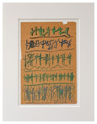 Riccardo Licata, Senza titolo1992tecnica mista su sugherocm 17x12, applicato su cartoncinofirma 