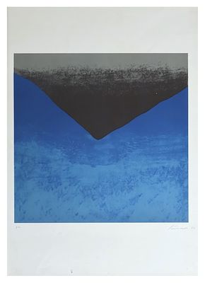 Giuseppe Santomaso, Senza titolo: incastro sul bleu1972litografiacm 76x57, entro corniceprova 