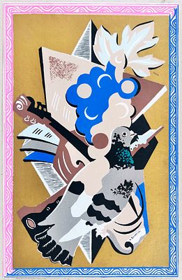 Gino Severini, Nature morte au pigeon1930pochoircm 34x21,5firma in basso a destraincollata su 