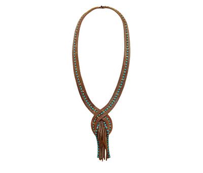 Collana vintage in maglia metallica doratacon design a nodo a centrale, con file di cabochon in 