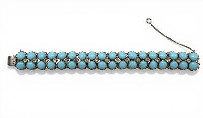 Bracciale Krameranni '50/'60in metallo argentato con due file di cabochon in pasta di turchese 