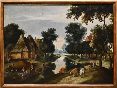 Scuola fiamminga del XVII secolo Paesaggio con fiume, case rustiche e contadini olio su tela 