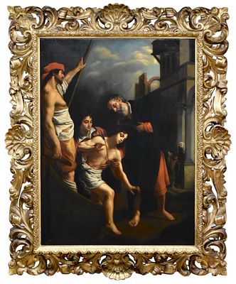 Scuola del XVIII secolo Ospitalita’ di San Giuliano olio su tela cm. 140&times;102