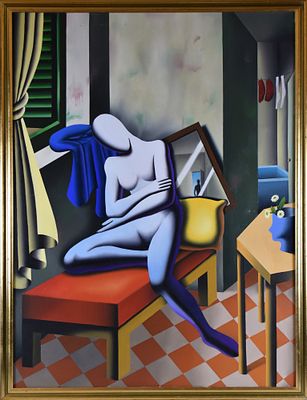 Mark Kostabi (1960) Waiting for Masumi 2002 olio su tela al retro: firma, data di esecuzione e 