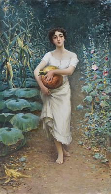 Fausto Zonaro (1854-1929) Giovane ragazza che porta la zucca olio su tela firmato in basso a 