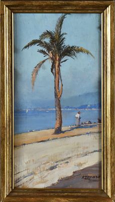 Fausto Zonaro (1854-1929) Una palma sulla costa olio su tavola firmato in basso a destra: F. 