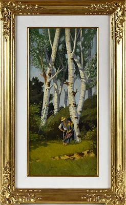 Oscar Ghiglia (Livorno, 1876 – Firenze, 1945) Idillio tra le betulle olio su tavola firmato in 