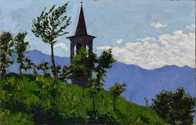 Angelo Morbelli (Alessandria, 1853 – Milano, 1919) Campanile in Valtellina olio su tavola 