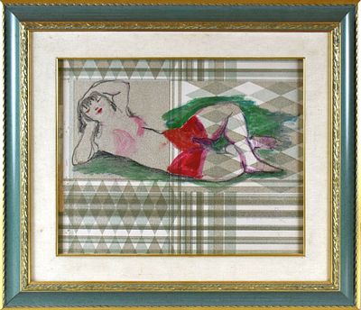 Salvatore Fiume (1915-1997) Donna sdraiata acrilico su carta da parati cm. 40&times;50