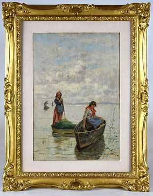 Angiolo Tommasi (Livorno, 1858 – Torre del Lago, 1923) Donne sui barchini olio su tavola 