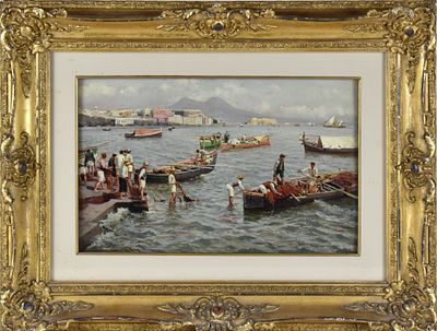 Attilio Pratella (Lugo di Romagna, 1856 – Napoli, 1949) Pescatori a Margellina olio su tavola 