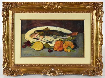 Giovanni Bartolena (Livorno, 1866-1942) Natura morta con pesce, frutta e verdura olio su tavola 