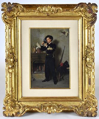 Tito Conti (Firenze, 1842 – 1924) Bersagliere con pipa olio su tavola firmato in basso a 