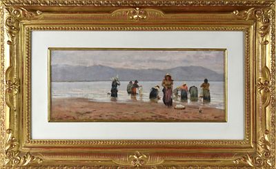 Angiolo Tommasi (Livorno, 1858 – Torre del Lago, 1923) Lavandaie a Massaciuccoli olio su tela 