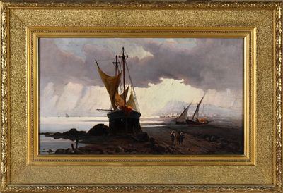 Ugo Manaresi (Ravenna, 1851 – Livorno, 1917) Barconi a riva con figure olio su tavola firmato 