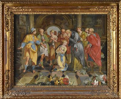 Scuola del XVIII secolo Battesimo di Santa olio su vetro cm. 48&times;31