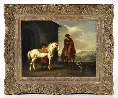 Scuola fiamminga del XVIII secolo Due uomini a cavallo con cane olio su tavola cm. 33,5&times;44,5
