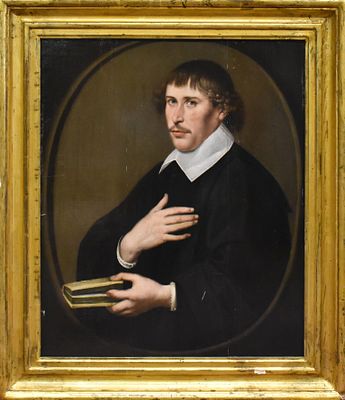 ‘Personaggio maschile con libro’ olio su tavola di rovere, scuola fiamminga sec XVIII cm. 74,5&times;60,5