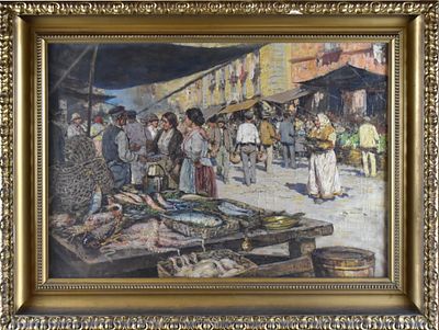 Scuola napoletana Scena di mercato olio su tela firmato in basso a sinistra cm. 64&times;89,5