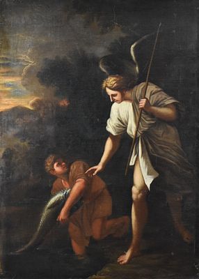 Scuola del XVII secolo Tobiolo e l’angelo olio su tela cm. 128&times;90